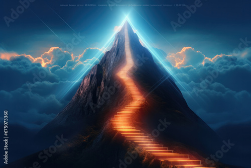 A mountain's summit, a digital painting of a stairway to nature's beauty under the summer night sky. AI Generative.