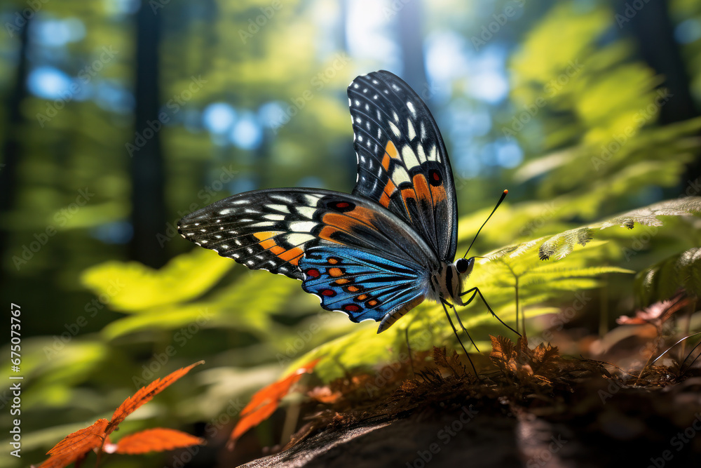 An illustration of butterflies in flight above a lush, green forest, where flowers add a burst of colorful beauty. Nature's vibrant celebration in art. AI Generative.
