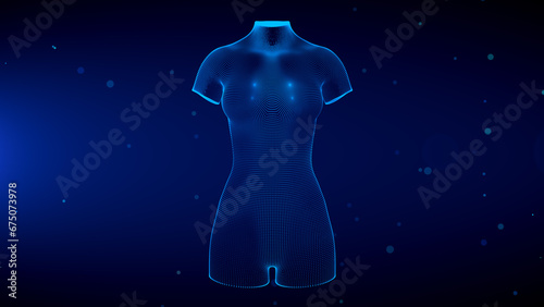 Blue Shine Front View 3d Human Female Torso Wireframe Hologram With Light Flare Glitter Particles