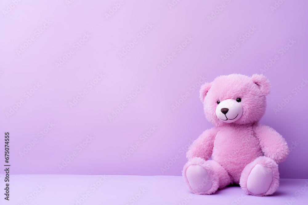 Obraz premium An adorable pink teddy bear brings joy and amusement, sitting on a white table. This childhood friend is AI Generative.