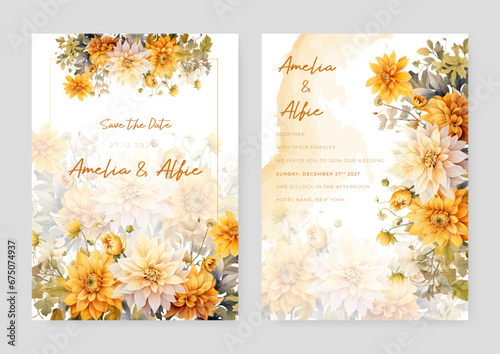 Orange and beige daisy artistic wedding invitation card template set with flower decorations
