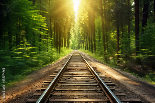 A lush forest envelopes the railroad tracks, creating a beautiful route to explore the history of transportation. AI Generative.