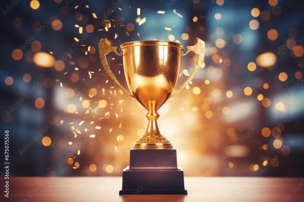 Winner's gold trophy cup, a symbol of victory and success in competitions. Shiny luxury on a dark background. This description is AI Generative. Winner's gold trophy cup, a symbol of victory and success in competitions. Shiny luxury on a dark background. This description is AI Generative.