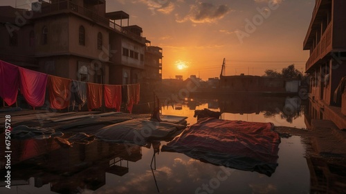 AI generated illustration of a village with a tranquil waterway with clothes hung out to dry photo