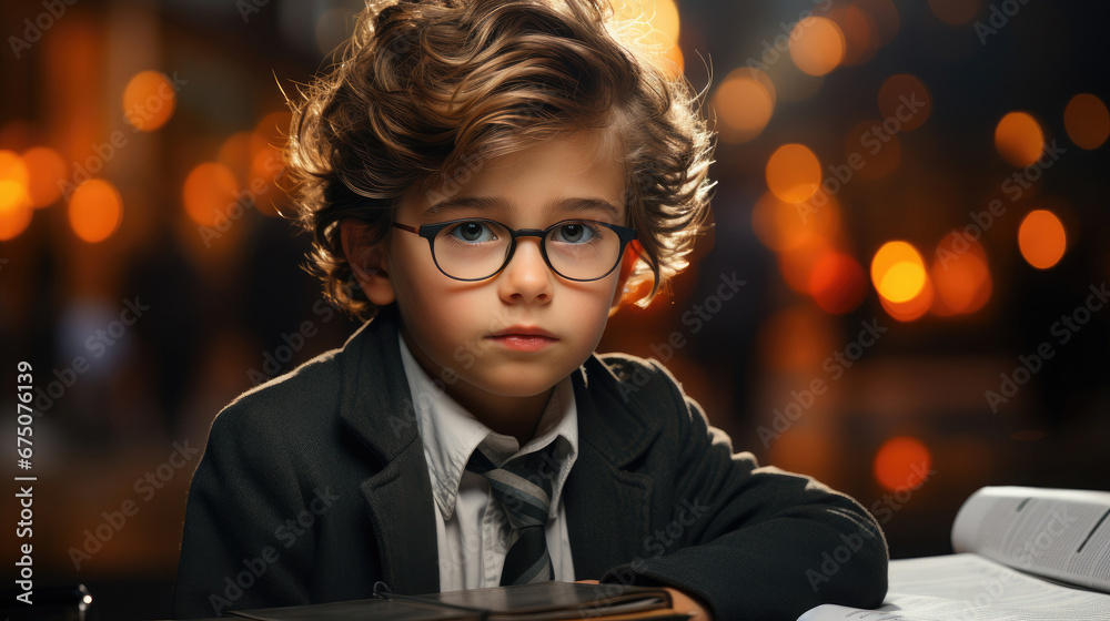 Concentrated Little Student Boy Portrait  , Background Image, Hd