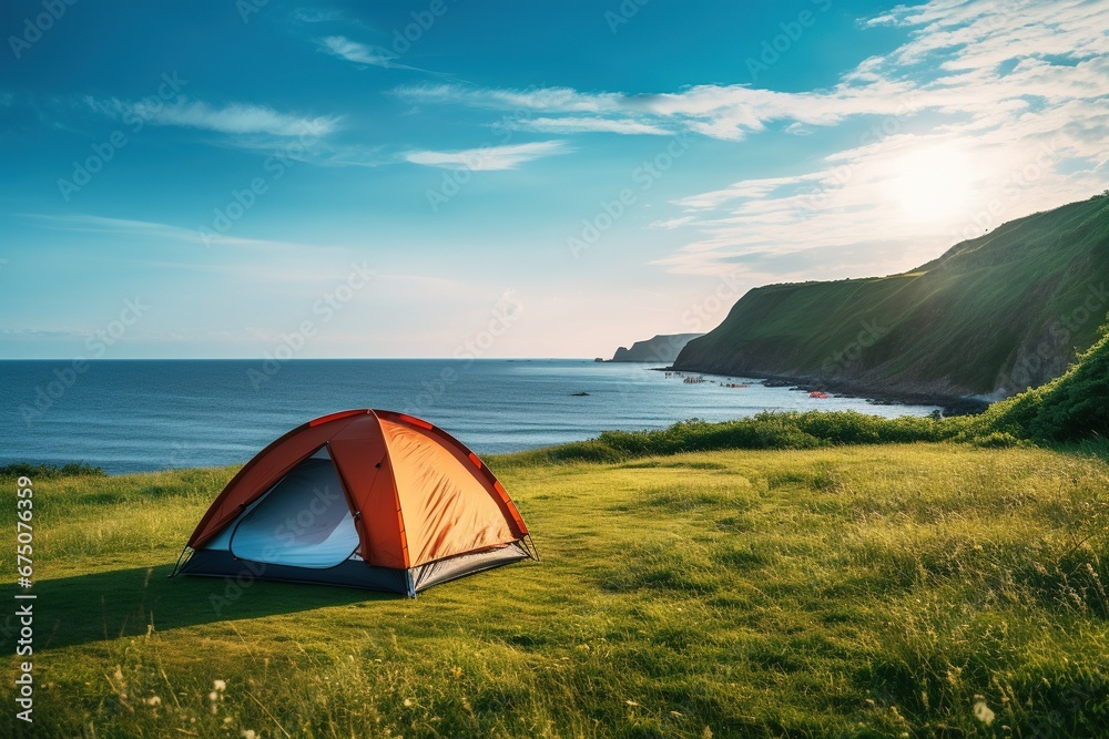 Camping tent and camping equipment on green grass with sea view background