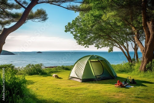 Camping tent and camping equipment on green grass with sea view background photo