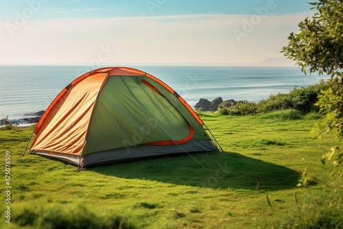 Camping tent and camping equipment on green grass with sea view background