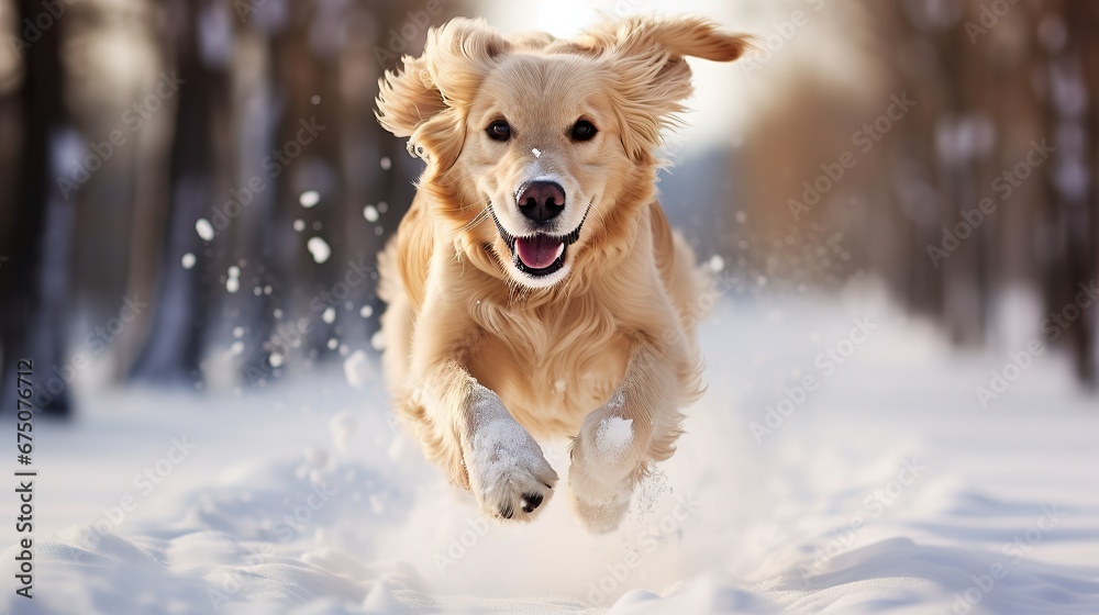 A retriever dog runs towards the camera through fresh snow against the backdrop of snow-covered fir trees.