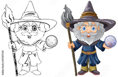 Old wizard wearing a hat with a long beard doodle coloring page for children