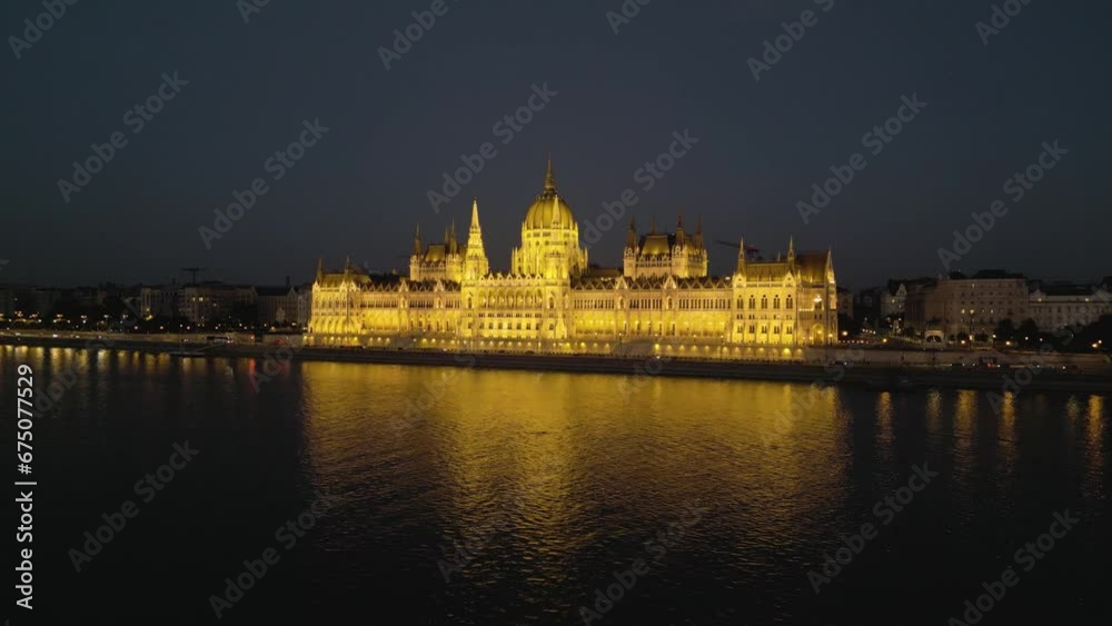 Cinematic Establishing Shot of Hungarian Parliament Building in Budapest. Nighttime Cinematic Establishing Shot of Hungarian Parliament Building in Budapest. Nighttime