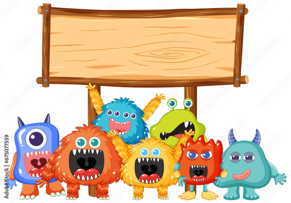 Fototapeta premium Cute Alien Monsters Cartoon in Wooden Frame