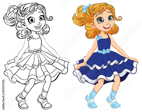 Happy Girl Dancing Cartoon Character: Coloring Pages and Outline