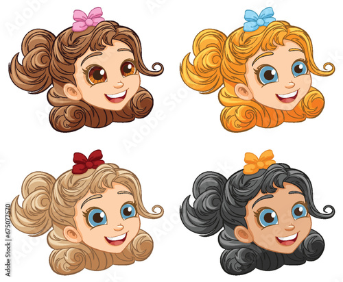 Smiling Cartoon Girl with Ribbon in Hair