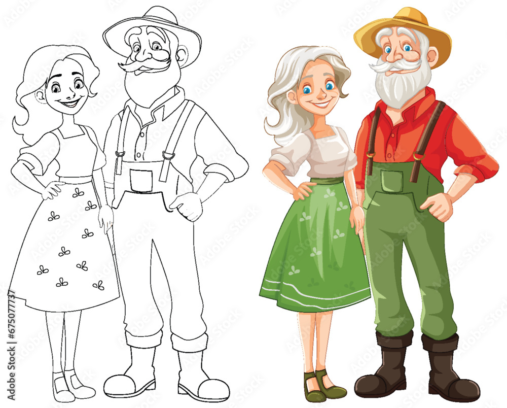 Happy Old Couple Farmer Cartoon Character