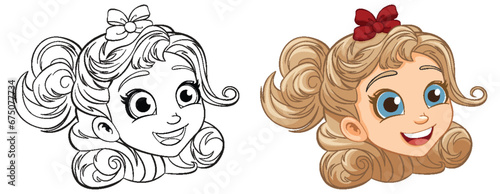 Smiling Cartoon Girl Head with Outline for Coloring Pages