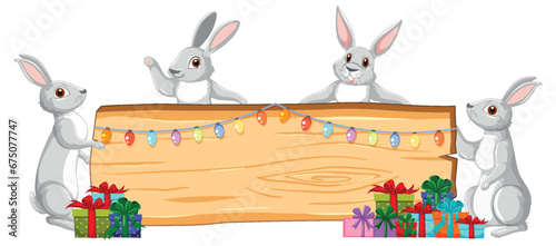 Rabbits Celebrating with Gift Boxes and Signboard