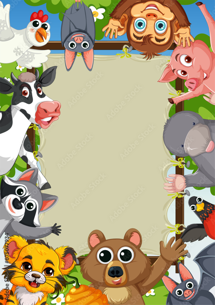 Naklejka premium Frame of Many Animals Cartoon Border