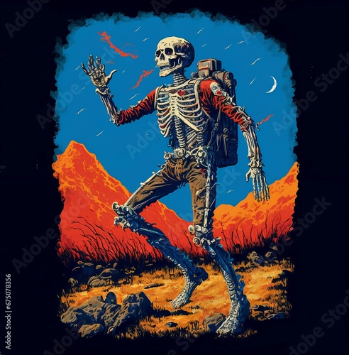 AI-generated illustration of a robotic skeleton  hiking with a backpack  mountains in the background