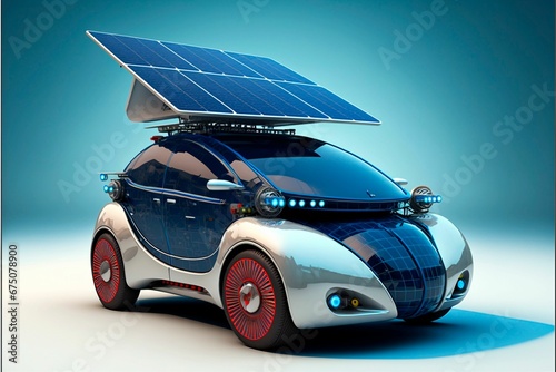 AI generated illustration of a futuristic electric car with solar panel on it-pollution reduction photo