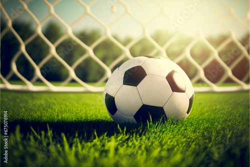 AI generated illustration of a soccer ball on a grass with gate in the background © Wirestock