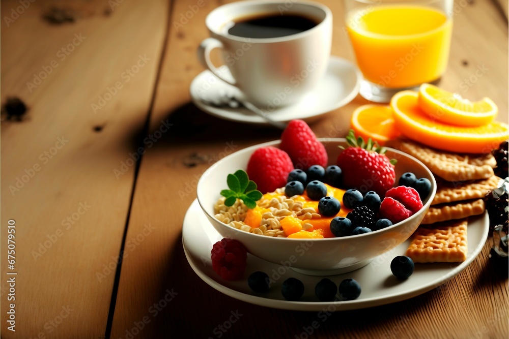 AI generated illustration of hyperrealistic breakfast with an oatmeal with fresh berries and fruits AI generated illustration of hyperrealistic breakfast with an oatmeal with fresh berries and fruits