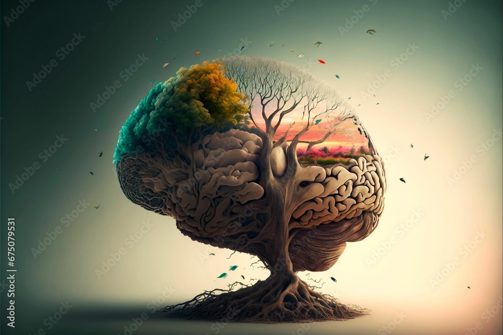 AI generated illustration of a tree with deep roots shaping a brain with its branches - obrazy, fototapety, plakaty 
