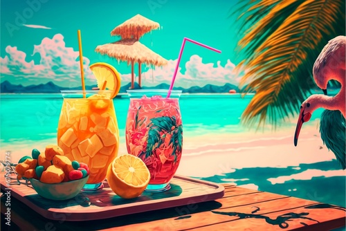 AI generated illustration of cold cocktail drinks on a wooden table on the coast of an ocean