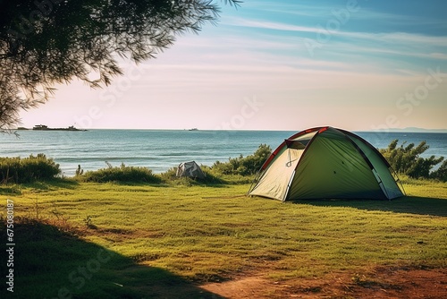 Camping on the beach at sunset. view of a camping tent on a summer evening.