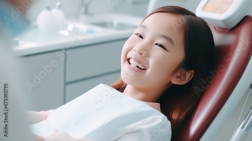 happiness cute girl and dentist for checkup and treatment of teeth at clinic, Smiling girl on bed at dentist clinic