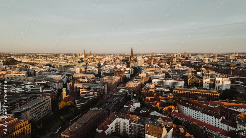 timelapse of the city of hamburg, germany, europe, from Hauptkirche St. Michaelis, st. michaelis church, showing Hauptkirche Sankt Nikolai and Handelskammer Hamburg timelapse of the city of hamburg, germany, europe, from Hauptkirche St. Michaelis, st. michaelis church, showing Hauptkirche Sankt Nikolai and Handelskammer Hamburg