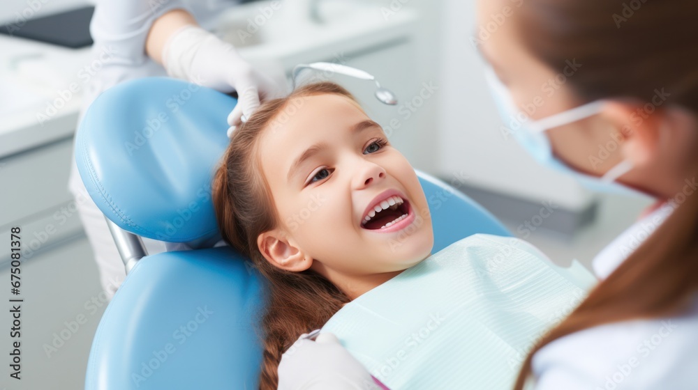 Cute girl open mouth for checkup and treatment of teeth at dentist clinic Cute girl open mouth for checkup and treatment of teeth at dentist clinic