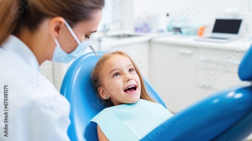 Cute girl open mouth for checkup and treatment of teeth at dentist clinic photo