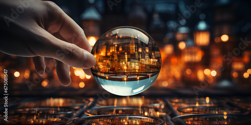 A hand holds a glass sphere with a city on it Glass globe for environment and conservation. Global business or education concepts. AI Generative