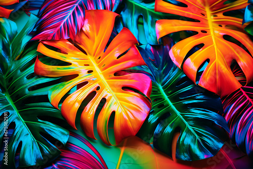 Artistic design using vibrant tropical leaves in fluorescent hues.Bright image.