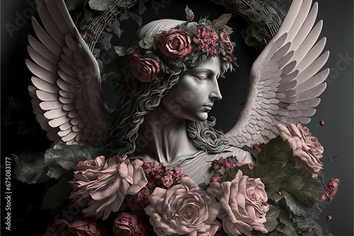 AI generated illustration of an angel with wings surrounded by flowers