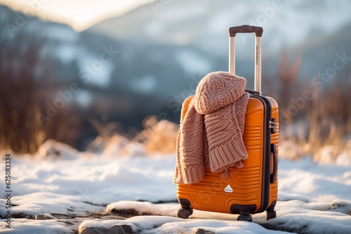 travel luggage with winter hat on mountian snow beautiful winter season landscape travel ideas cocnept background photo