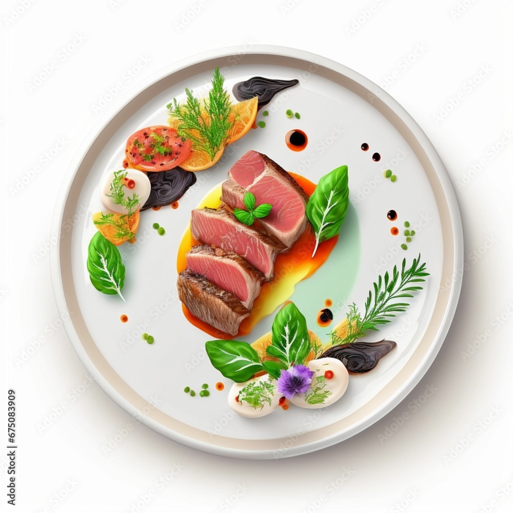 AI generated illustration of a plate with cut steak served in the style of molecular cuisine AI generated illustration of a plate with cut steak served in the style of molecular cuisine