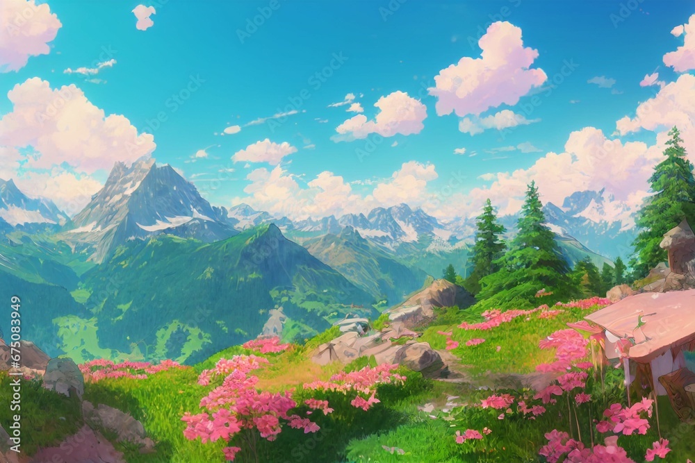 AI-generated illustration of the mountainous landscape with flowers and plants