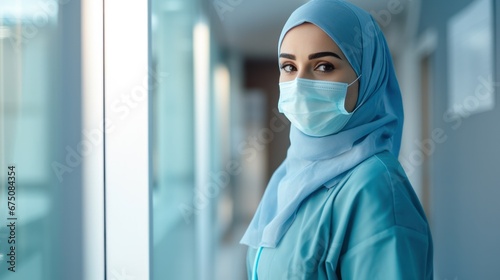 Muslim female Doctor with face mask at hospital, Arab person.