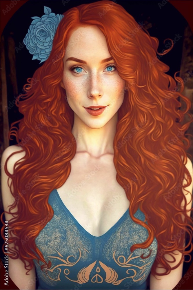 Fototapeta premium AI generated illustration of a redhead girl with blue eyes portrait