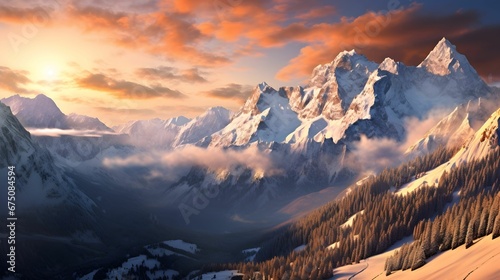 AI generated illustration of a vibrant orange sunrise illuminates the mountainscape below photo