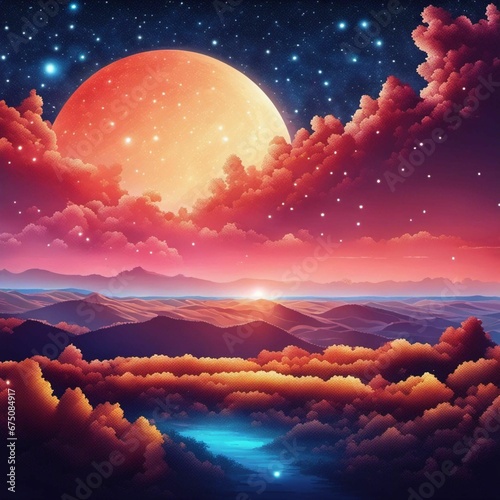 Pixel art of a celestial landscape, AI-generated. photo