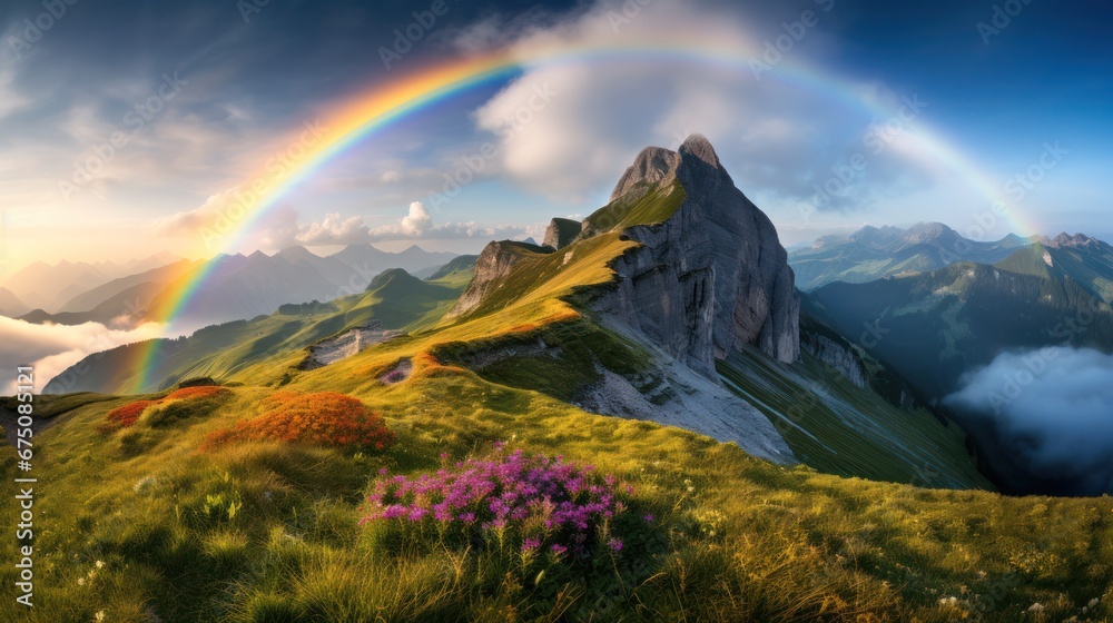 Beautiful landscape, Seceda Mountain on summer at dolomites, Italy, rainbow and sunset lighting - obrazy, fototapety, plakaty 
