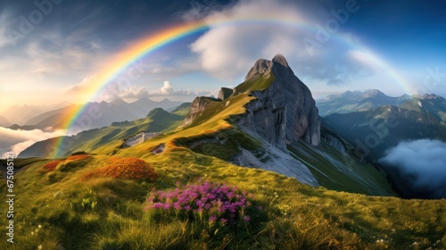 Beautiful landscape, Seceda Mountain on summer at dolomites, Italy, rainbow and sunset lighting