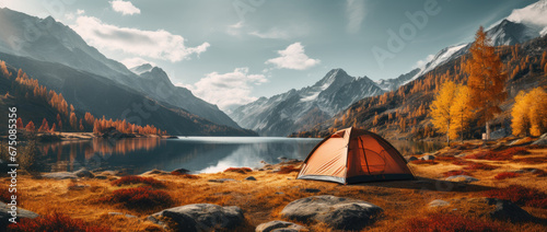 camping scene with tent on beautiful mountains and lake photo