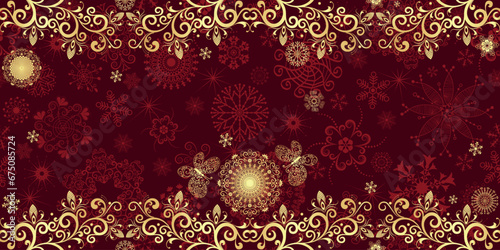 Vector Christmas frame with golden snowflakes and stars with lacy butterflies, dark red background, seamless pattern 