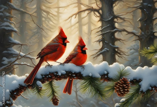 two red cardinals birds sitting on a branch of pine in the snow photo