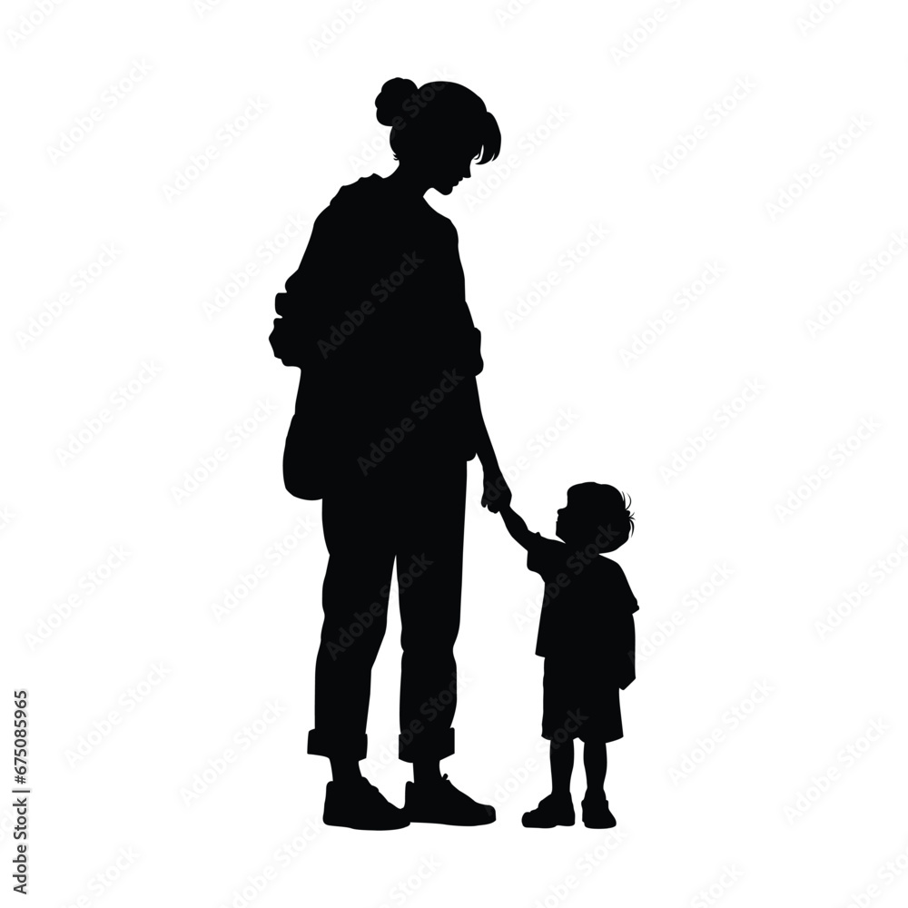 Mother and Son Silhouette on White Background