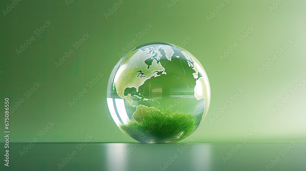 Glass globe earth on Green background with Copy space. Earth Day - Environment , Conservation Concept,save clean planet, ecology concept. Card for World Earth Day. Glass globe earth on Green background with Copy space. Earth Day - Environment , Conservation Concept,save clean planet, ecology concept. Card for World Earth Day.